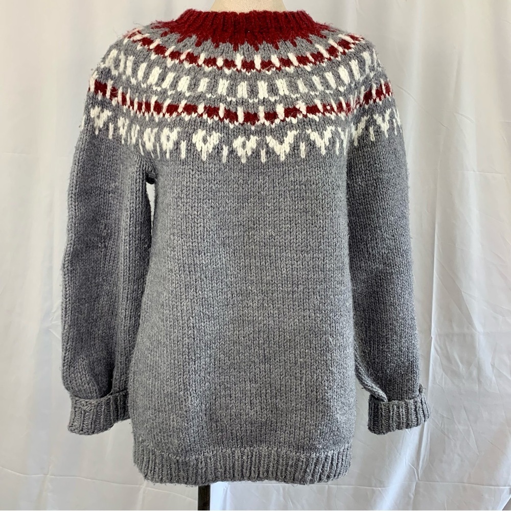 Hand Knit Grey and Red Fair Isle Women's Knit Sweater
